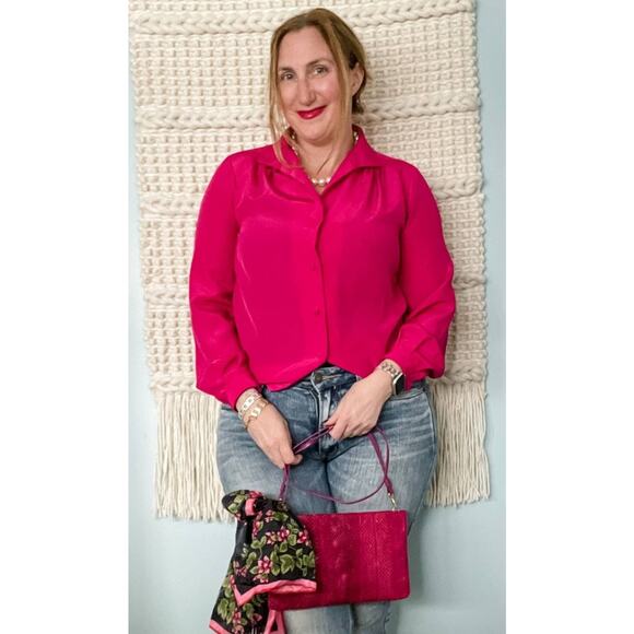 Vintage hot pink chiffon lightweight secretary blouse shoulder pleats size M - Picture 7 of 8